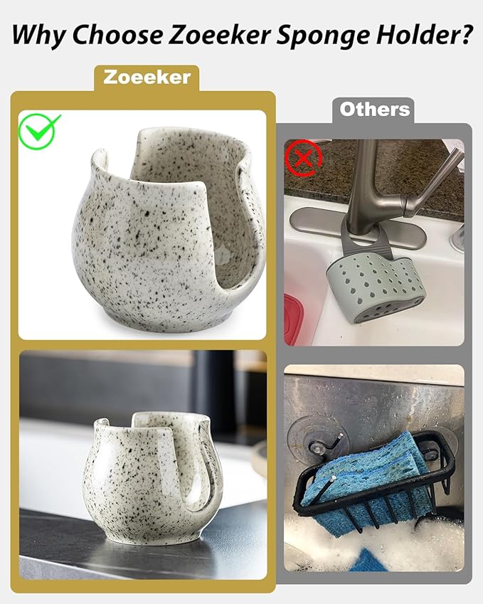Zoeeker Sponge Holder for Kitchen Sink, Ceramic Dish Sponge Dish Rack Scrubby Caddy Kitchen Organizer Cute Sink Caddy Organizer, Farmhouse Decor, Speckled Glaze