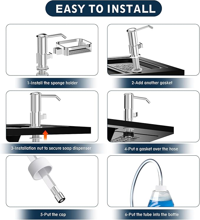 Soap Dispenser for Kitchen Sink, Mecyfaty Under Counter Sink Soap Dispenser Pump with 39" Extension Tube Kit, Built in ABS Kitchen Dish Soap Dispensers with Sponge Holder, No More Refills, Chrome