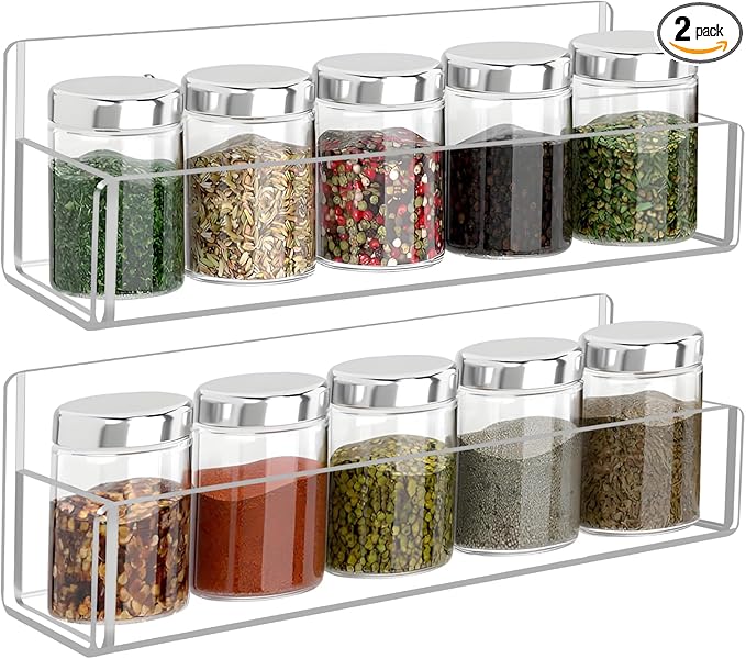 Acrylic Spice Rack Wall Mount - 9 Inch, Clear Spice Shelf Storage Holder, 2 Pack Hanging Seasoning Organizer for Cabinet Door, Cupboard or Wall Kitchen (Adhesive or Screw)