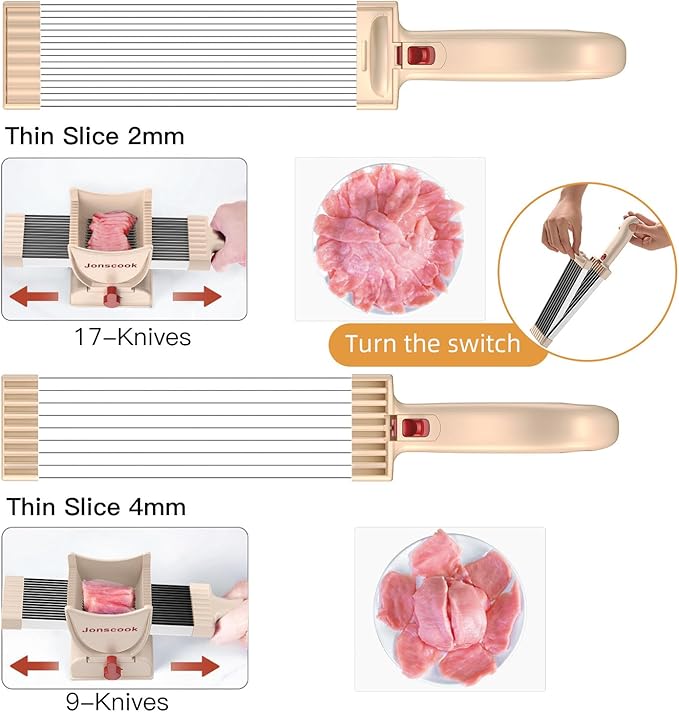 Fresh Meat Slicer with Steady Grip, Manual Fresh Meat Cutter, Meal Prep Ideas, Adjustable Thickness 2mm or 4mm, 17 Blades get 18 Meat Slices, Meat Cleavers can be Sliced, Striped, Diced -Pink