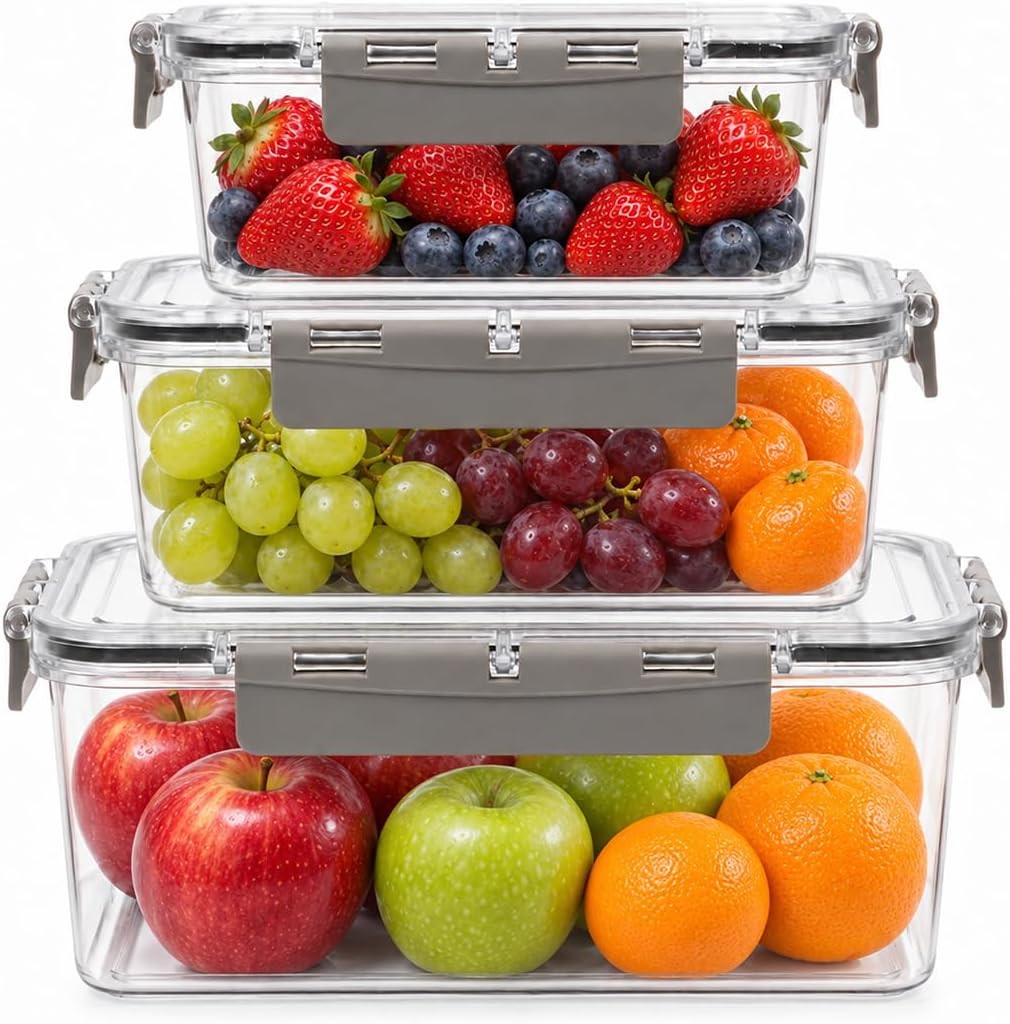 3Pcs Rectangular Airtight Fruit Storage Containers for Fridge
