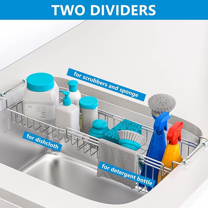 Over The Kitchen Sink Caddy Sponge Holder Organizer Drying Rack Expandable for Sponge Brush Soap Dish Cloth Rag Smaller 14.5" to 22", Stainless Steel
