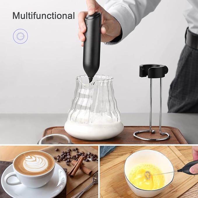 Rechargeable Coffee Frother by ELMWAY, Electric Milk Frother with Charging Stand & Wall Mount, Handheld Drink Mixer, Foam Maker for Coffee, Matcha - Black