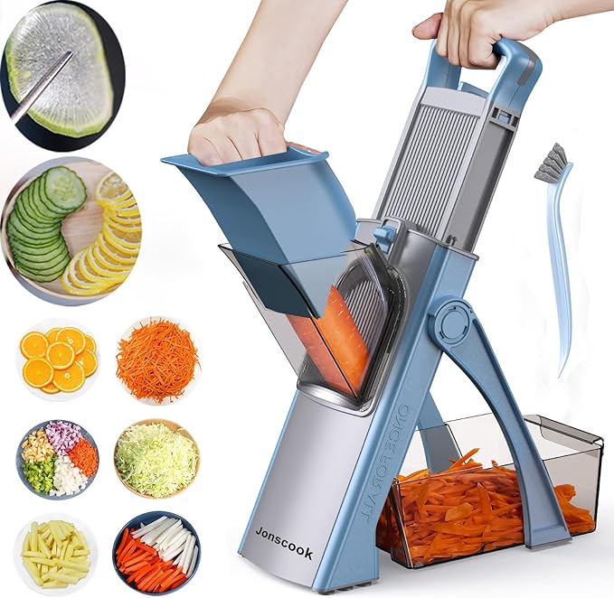 Jonscook All-in-1 Update Safe Mandoline Slicer for Kitchen, Food Chopper with Container, Thickness Adjustable Vegetable Chopper, Potato French Fry Cutter Tomato Apple Slicer Onion (Blue)