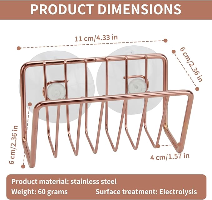 Soap Sponge Holder for Kitchen Sink Shower, No Drilling. Rustproof Stainless Steel, Wall Mounted Soap Holder Soap Tray Bar Holder with Suction Cups for Bathroom & Kitchen. Rose Gold.