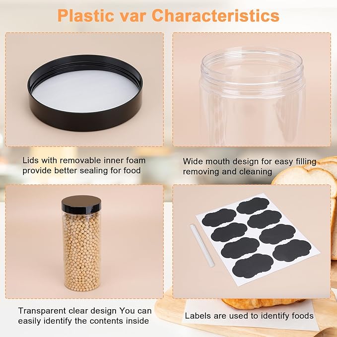 Plastic Jars with Lids,OBKJJ 20 PCS 32 OZ Large Capacity Clear Storage Containers with Leakproof Lids Reusable Empty Storage Container for Dry Food Spice Candy Cookie Household and Kitchen Organizing