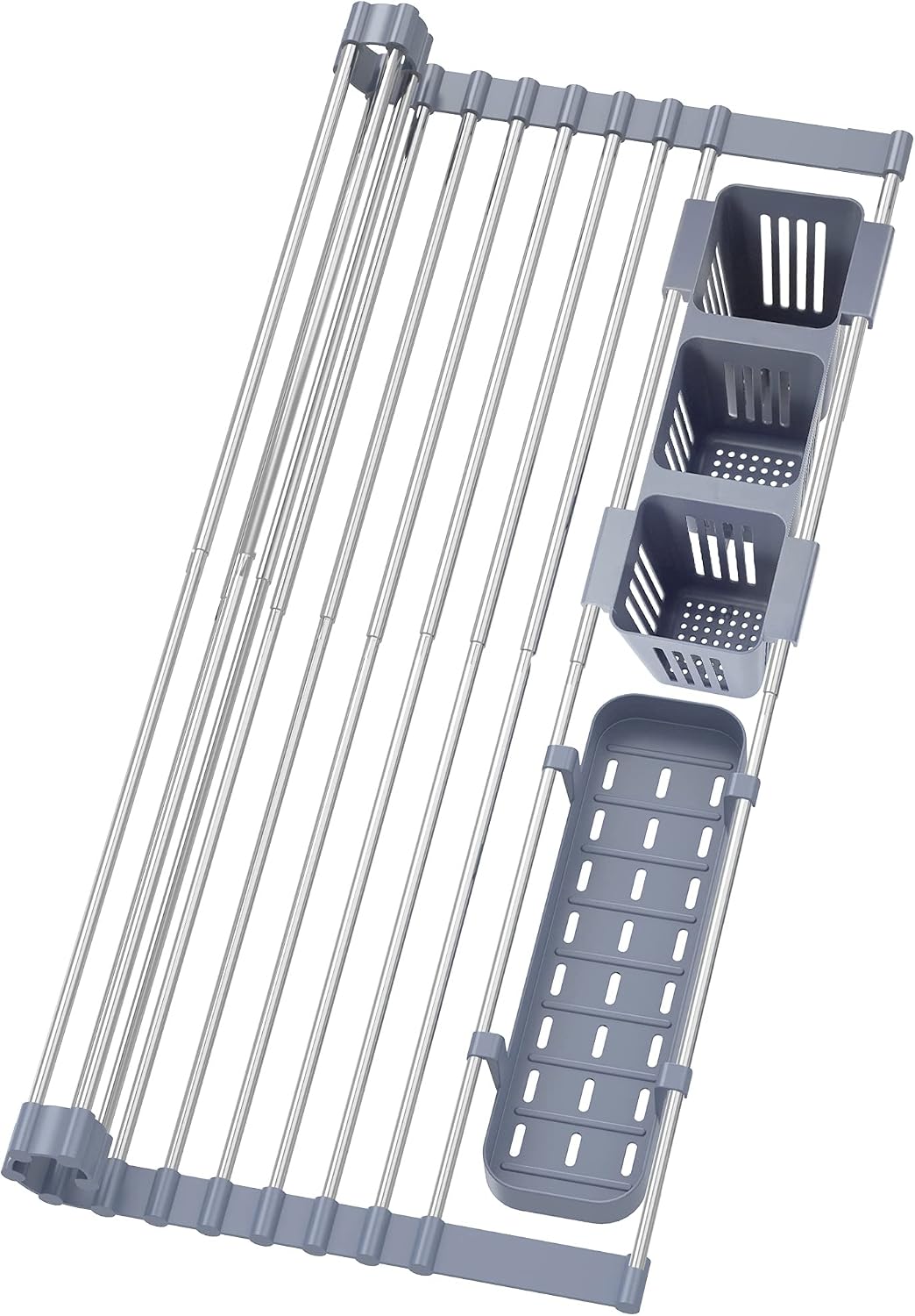 Expandable Roll Up Dish Drying Rack Up to 22.8''with 2 Storage Baskets,Over The Sink Kitchen Rolling up Dish Drainer Drying Rack, Foldable,Rollable,for Kitchen Dishes(Expandable Width Size)