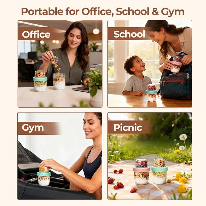 ComSaf Overnight Oats Containers with Lids (8oz+4oz, 4Pcs), Glass Yogurt Parfait Cups for Cereal Nut Fruit, Dual-Layer Chia Pudding Jars Reusable, Small Mason Jars for Salad, Meal Prep, Snack, Oatmeal