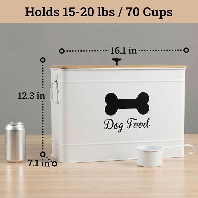 Dog Food Container Airtight 15-20 lb (70 Cup) Capacity with Metal Scoop - Cute Airtight Dog Food Storage Container with Bamboo Lid - White Metal Kibble Storage Bin for Dogs up to 100 lbs - Big Pet Jar