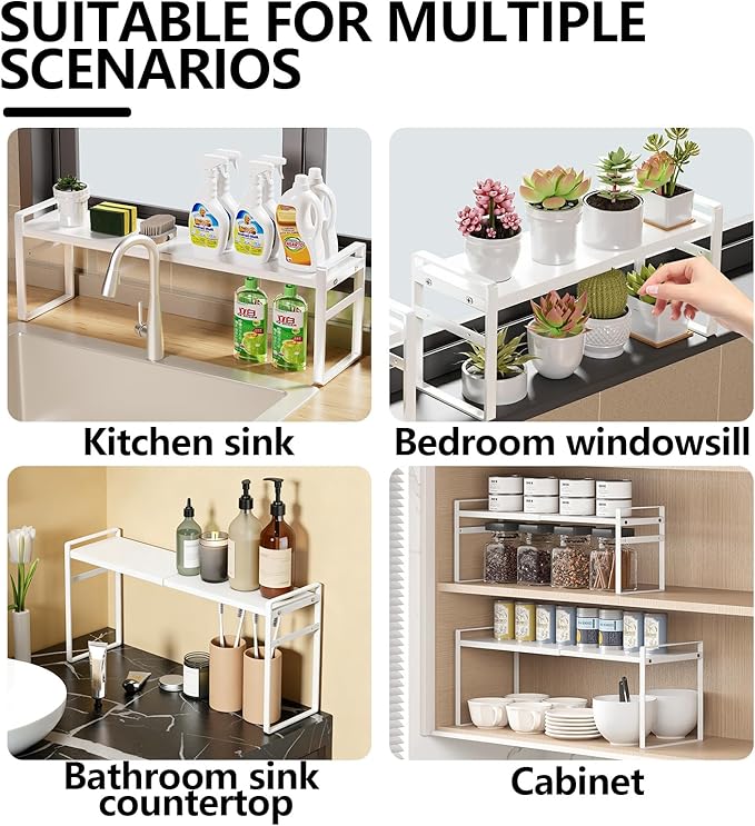Retractable Over The Sink Shelf - Carbon Steel Window Sill Plant Shelves, Kitchen Counter Shelf for Plants & Storage Organization Accessories (White)