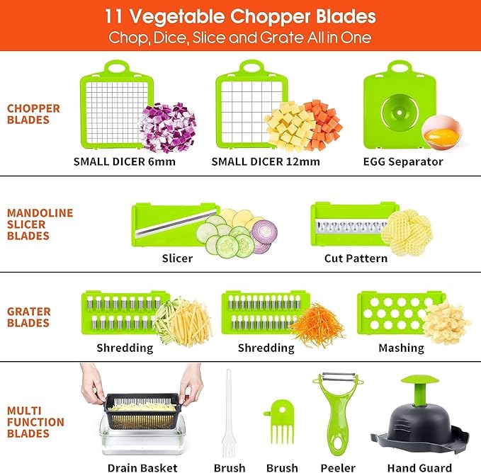 Vegetable Chopper, 16-in-1 Multifunctional Food Chopper, 8 Blades Vegetable Slicer, Onion Chopper Vegetable Cutter & Adjustable Veggie Slicer, Potato Dicer Chopper, Container for Salad Garlic | Grey
