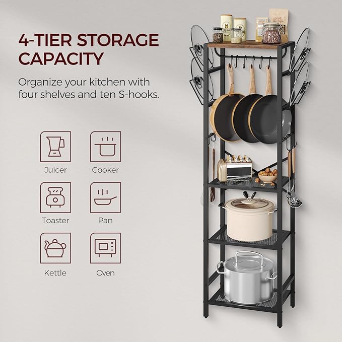 MAHANCRIS 4-Tier Pot Rack, Pots and Pans Organizer for Kitchen, Lid Organizer Rack with U-Shaped Lid Holders, Kitchen Storage Shelf for Standing Cookware, Rustic Brown and Black POHR3001