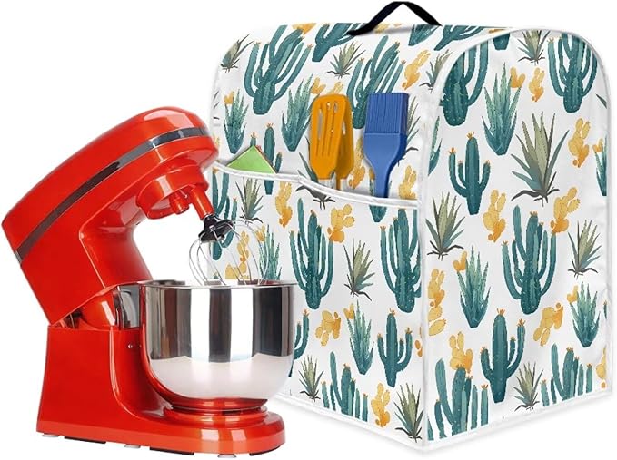 Green Cactus Pattern Mixer Dust Cover Universal Fit 4.5-5 Qt, Anti-Fingerprint & Easy Clean Cover with Handle & Accessory Pocket, Modern Kitchen Counter Decor Housewarming Gifts