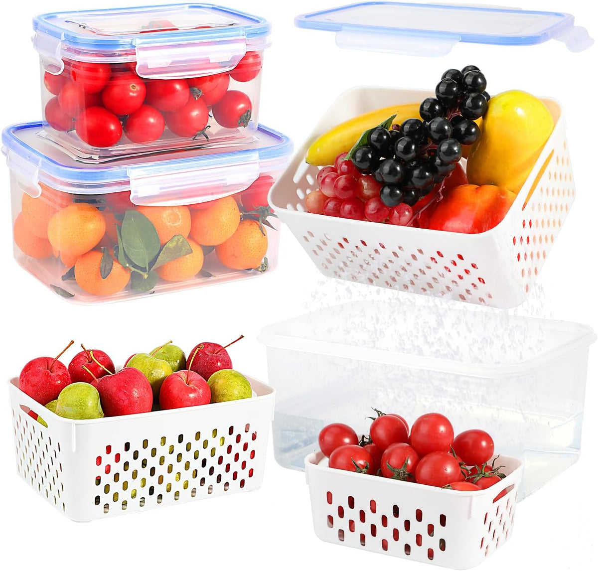 3 Pack Fruit Storage Containers for Fridge, Airtight Food Storage Containers with Removable Colander, Produce Saver Organizers Storage for Refrigerator, Keep Fruit Vegetable Meat Berry Fresh Longer