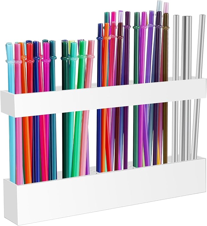 Malldii 9.5" Large Acrylic Straw Holder for Cabinet Door - Reusable Tumbler Straw Organizer Storage, Small Kitchen Accessories Container, Ultra Sticky Cupboard Door Mounted (White)