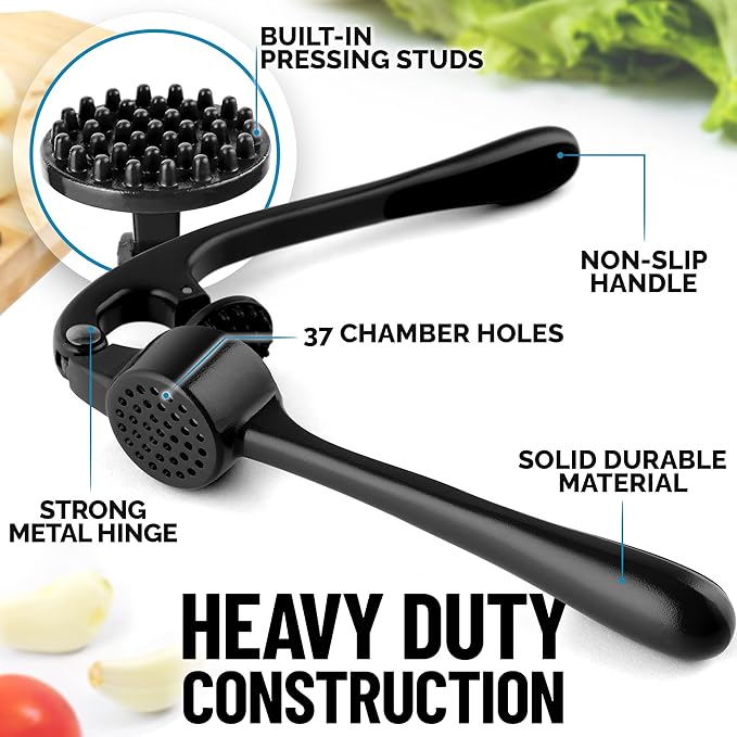 Zulay Kitchen Premium Garlic Press Set - Rust Proof Professional Garlic Mincer Tool - Easy-Squeeze, Easy-Clean with Soft, Ergonomic Handle - Silicone Garlic Peeler & Brush (Black)