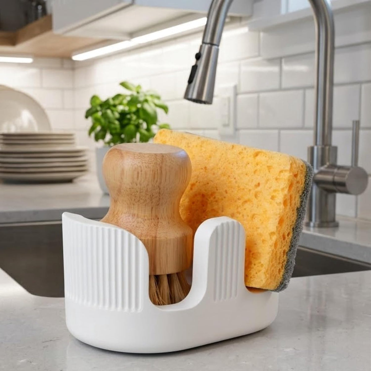 Ultra Absorbent Stone Sponge Holder for Kitchen Sink, 2 Slot Diatomite Dish Brush Sponge Holder, Diatomite Stone Sink Tray, Rustproof Sinks Caddy for Countertop, Double, White