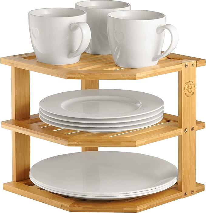 Bambüsi Plate Organizer for Cabinet - 3 Tier Bamboo Corner Shelf Cabinet Organizer for Plates Bowls Mugs Cups, Kitchen Organization, Space Saving Countertop Shelf, Small Spaces, 10 x 10 x 9.5 Inch