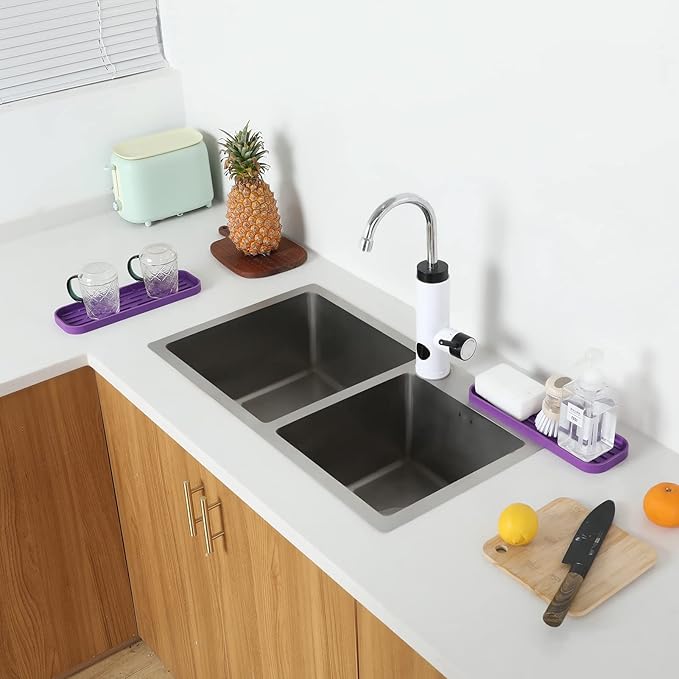 MicoYang Silicone Kitchen Sink Organizer Tray for Multiple Usage,Eco-Friendly Sponges Holder for Kitchen Bathroom Counter or Sink,Dish Soap Dispenser,Scrubber,Bottle,Cup (Purple, 12"×4")