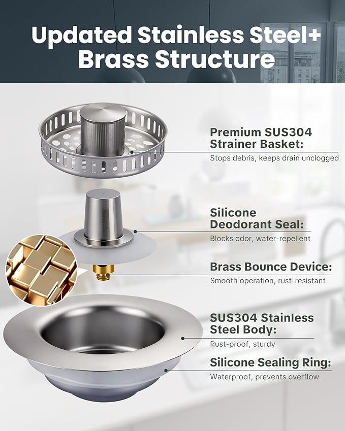 ARCORA Kitchen Sink Drain Strainer: Stainless Steel 3 in 1 Sink Stopper with Anti-Clogging Basket, Kitchen Strainer with Brass Bounce Core for Standard 3-1/2 Inch Drain, Brushed Nickel