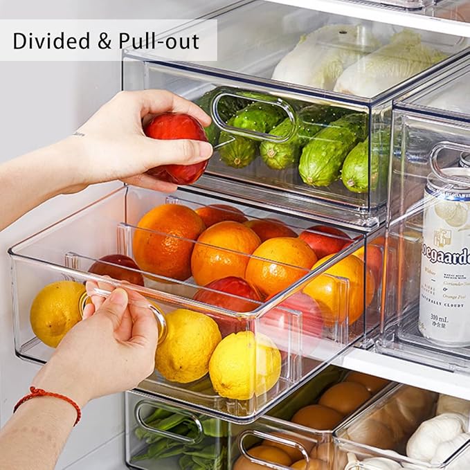Mano 3PackFridge Drawer Pull Out Stackable Bins with Handle Clear Refrigerator Drawers Organizer Food Storage Container Box with Dividers Plastic Produce Saver for Pantry, Cabinet, Kitchen（2L+1XL）