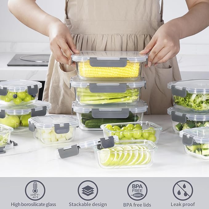 AILTEC 12 Pack Glass Food Storage Containers with Lids, Glass Meal Prep Containers Set with Leak Proof Lids, Airtight Lunch Container for Kitchen, Microwave, Oven, Freezer, Dishwasher Safe, Bpa free