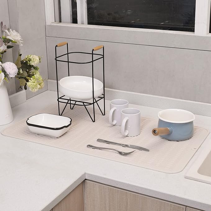 MicoYang Silicone Dish Drying Mat for Multiple Usage,Easy clean,Eco-friendly,Heat-resistant Silicone Mat for Kitchen Counter or Sink,Refrigerator or Drawer Liner Tapioca 4XL 32 inches x 18 inches