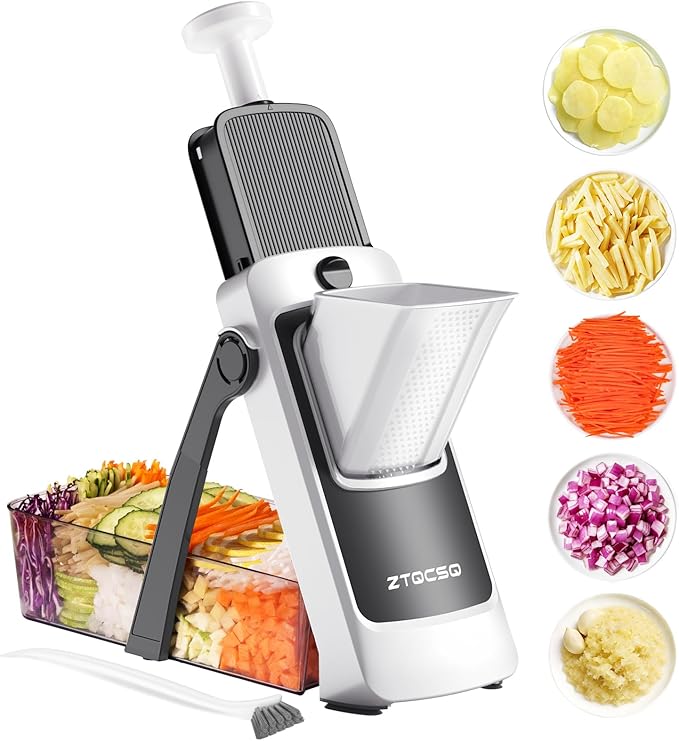 [All in 1] Vegetable Slicer with Adjustable Thickness, Easy to Clean Potato Mandoline Slicer with Container, Rapid Prep French Fry Veggie Cutter/Onion Slicer, Free Grater/Cleaning Brush (Gray)