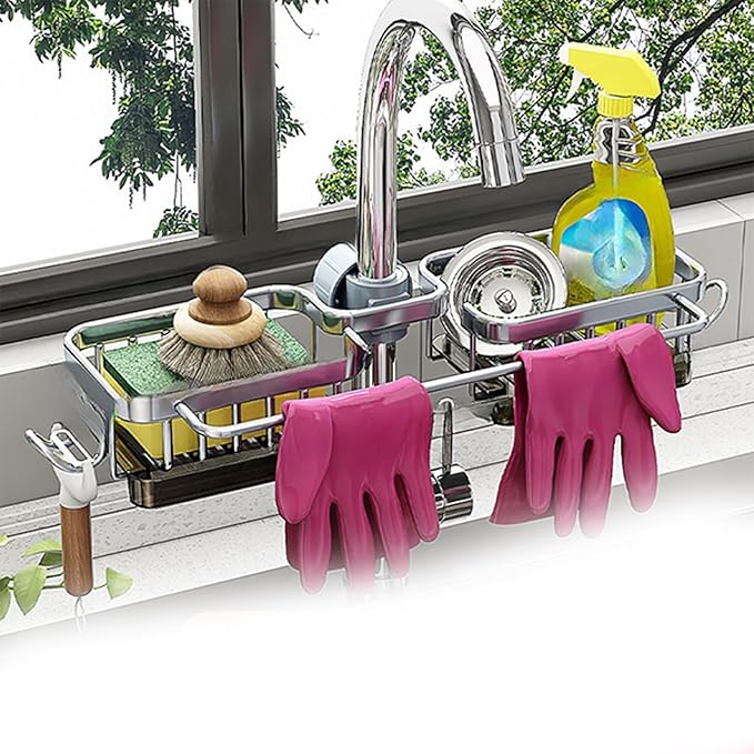 Kitchen Sink Faucet Organizer, Kitchen Sink Organizer Over Faucet, Over Sink Dish Drying Rack, Sponge Holder for Kitchen Sink, for 0.7-1.1 inch Round Water Pipe (Silver, Integrated Type)