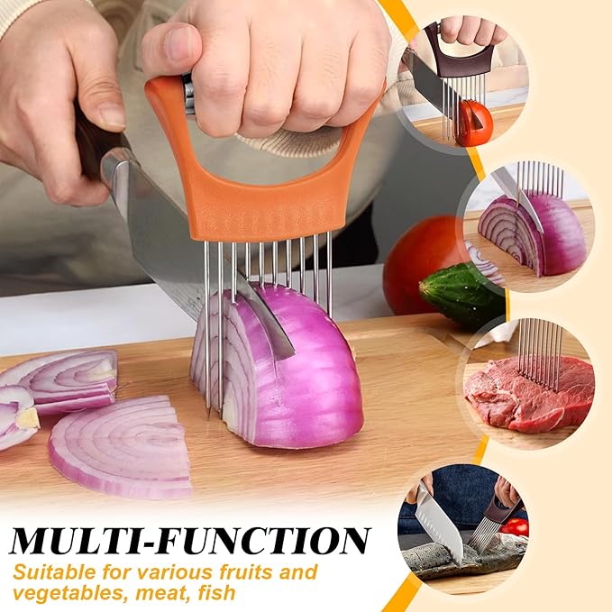 Stainless Steel Onion Holder for Slicing,Onion Slicer Holder, Onion Cutter for Slicing of Onions, Tomatoes,Avocados,Eggs and Other Vegetables,Kitchen Utensils Gift (Orange)