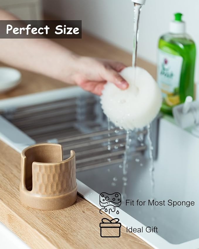 Zoeeker Sponge Holder for Kitchen Sink, Ceramic Sink Caddy Scrub Sponge Tray Dish Rack for Scrubbers, Kitchen Organizer, Brown