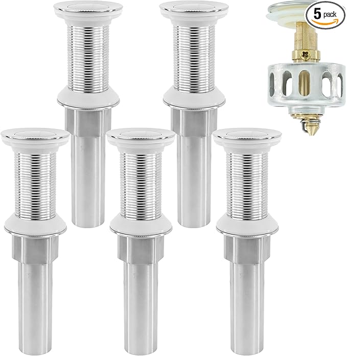 Bathroom Sink Drain,5 Pack Drain Stopper Without Overflow,Small Cap Pop Up Drain Assembly with Detachable Strainer Basket,Built-in Anti-Clogging, Stainless Steel Nut Brushed Nickel