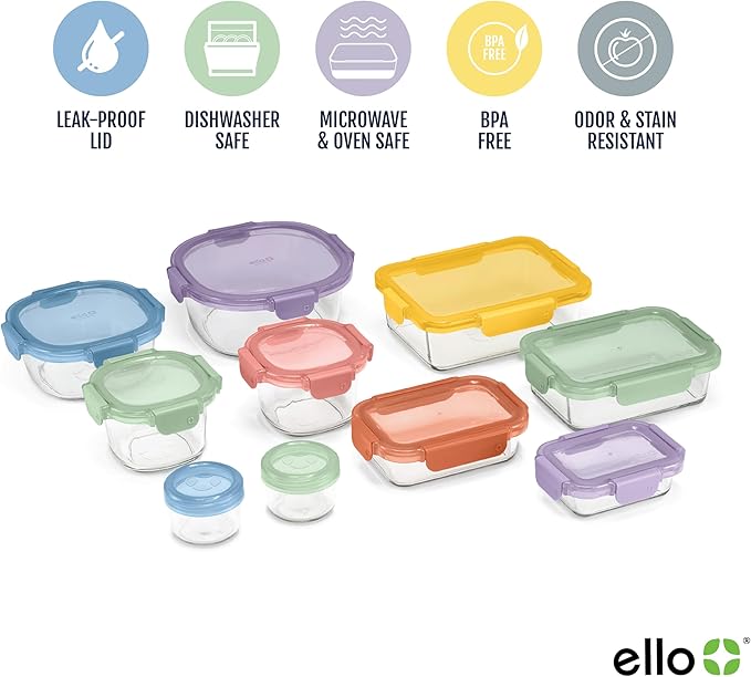 Ello Color Lock 8PC Mixed Glass Food Storage Sets, Leak-Proof Glass Food Storage Containers