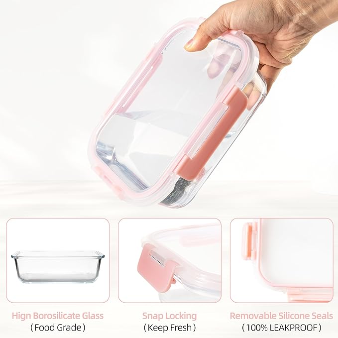 16PCS (8 Bowls + 8 Lids) High Borosilicate Glass Meal Prep Containers, Food Storage Containers with Airtight Lids, Glass Lunch Bento Boxes,Dishwasher Safe, pink