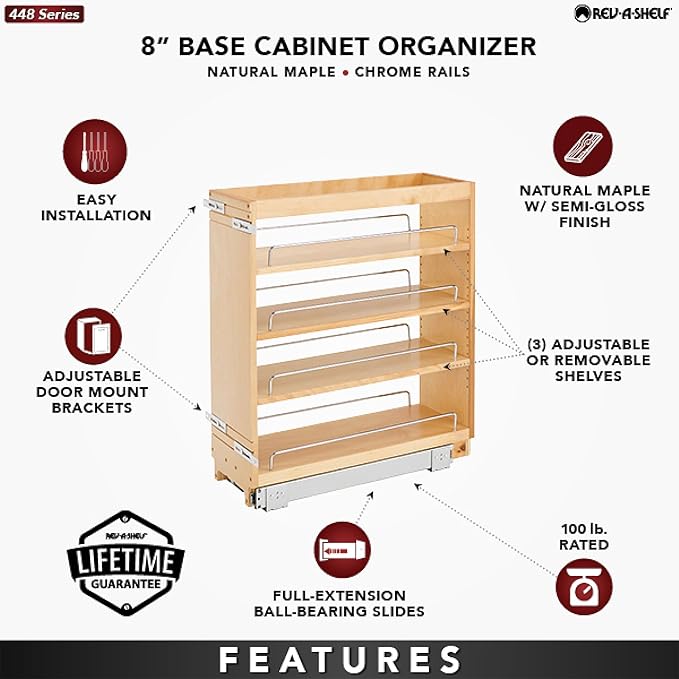 Rev-A-Shelf Maple Pullout Organizer for Full Height Base Cabinets, Full Extension Slides & Adjustable Shelves, Min Opening Width of 8.5", 448-BC-8C
