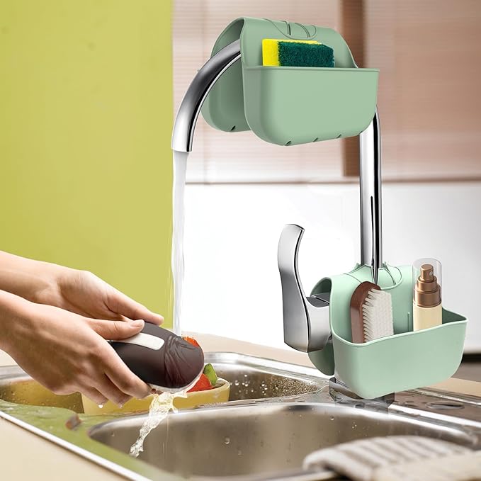 Sponge Holder for Kitchen Sink, Silicone Sink Saddle Caddy Organizer Rack, Sponges Holder Over Faucet, Hanging Kitchen Organizer Accessories Rack Basket Green