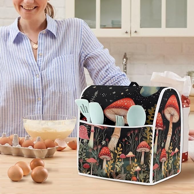Moon Mushroom Mixer Cover Portable Stand Mixer Protector with Pockets Kitchen Appliance Cover for 6-8 Quart Coffee Makers & Juicers