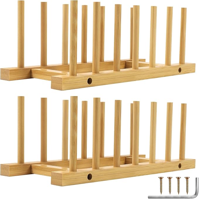 DEBETOOL 2 Pack Wooden Dish Rack Holder - Bamboo Plate Organizer for Cabinet Dishes Pots Lid & Cutting Boards, Kitchen Cabinet Space Saving Storage Solution