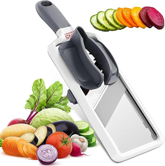 Mandoline Slicer for Kitchen – Adjustable Stainless Steel Blades, with Comfort Grip – Vegetable Slicer for Small to Medium sized Cucumber, Onion, Potato – Gray
