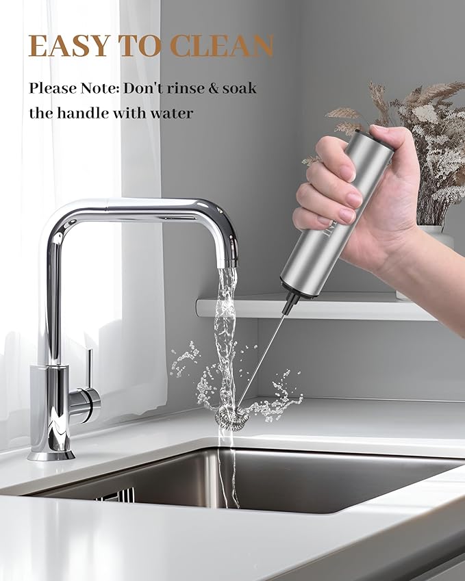 INFOOD Milk Frother Rechargeable with Cover - Coffee Frother Wand, Drink Mixer Handheld with 2 Detachable Stainless Whisks 2 Speed Adjustable for Latte, Cappuccino, Hot Chocolate, Egg, Silver