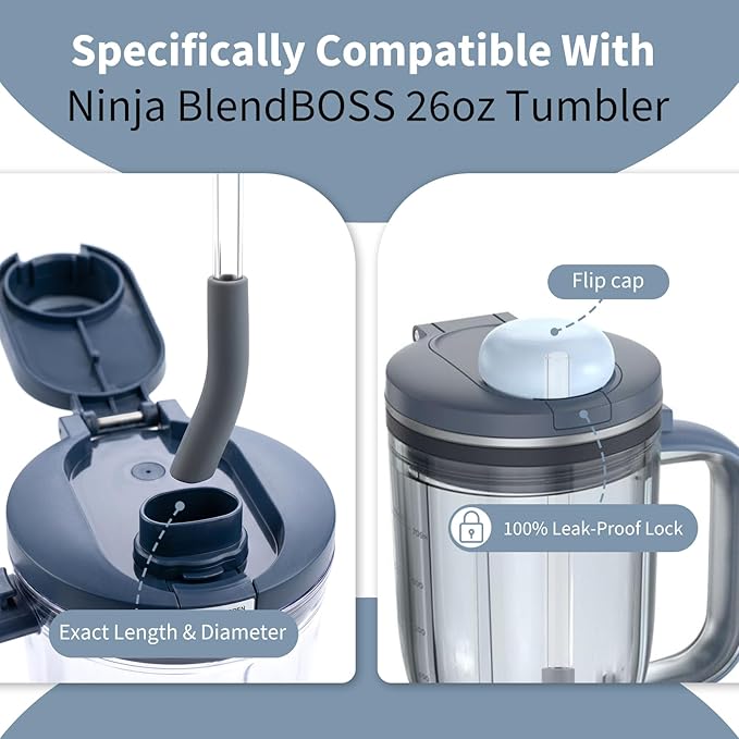 Replacement Glass Straw Compatible with Ninja BlendBOSS Smoothie Blender Travel Tumbler, Reusable & Durable Clear Straw with Cleaning Brush Fit for Ninja BlendBOSS 26oz Cup (2 Pack)