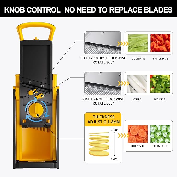 QYKIC Upgrade Safe Mandoline Slicer for Kitchen, Vegetable Chopper and Slicer, Potato Slicer Thickness Adjuster, French Fry Cutter, Veggie Onion Dicer Faster Kitchen Mandolin for Meal Prep