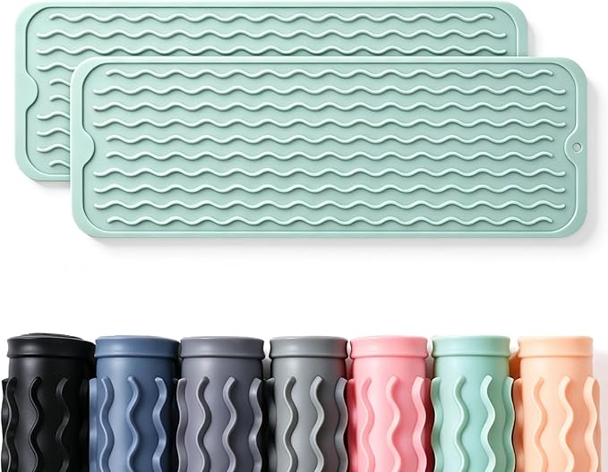 CAKETIME 2 Pack Silicone Dish Drying Mat for Kitchen Counter Under Bathroom Sink Near Faucet Absorbent for Dishes Water Heat Resistant Pad with Soap Holder Decor Essentials 17inchx6inch Green