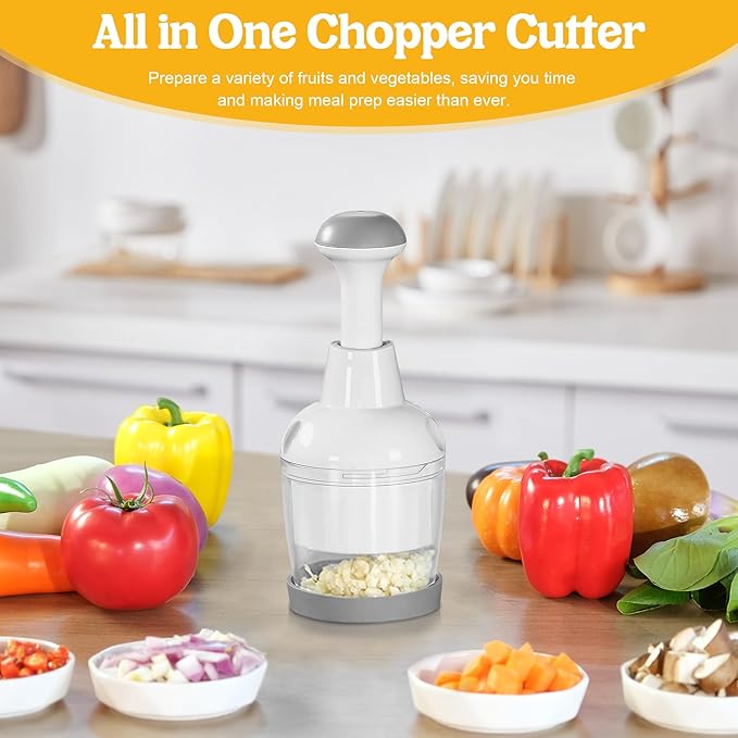 Food Chopper with Container – Manual Onion & Vegetable Chopper, 360° Stainless Steel Blades, Handheld Garlic Nut Veggie Cutter, Dishwasher Safe, Easy to Clean, White