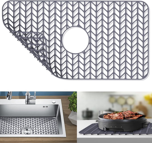 Silicone Protectors for Kitchen Sink, 26''x 14'' Sink Mat Grid for Bottom of Farmhouse Stainless Steel Porcelain with Center Drain (Grey)