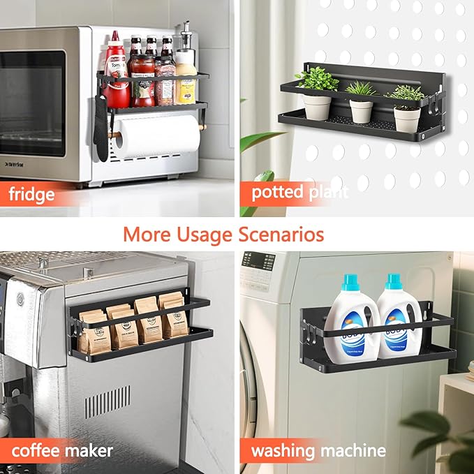 Magnetic Shelf with Paper Towel Holder for Fridge/Washing Machine/Garage, Magnet Kitchen Spice Rack for Refrigerator, Wall Mount Storage Organizers (Black)