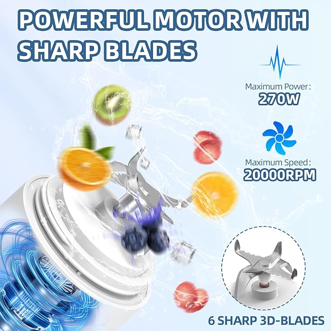 DENOKIN Portable Blender, Shakes and Smoothies Cordless Personal Size Blender 20oz with 6 Blade and a Travel Lid (Apple White)