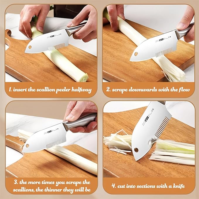 Julienne Slicer Stainless Steel Onion Cutter Scallion Shredder, Vegetable Chopper with Comb Teeth, Kitchen Gadgets (Full Stainless Steel)