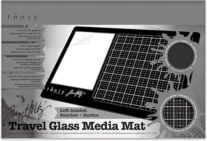 Tim Holtz Travel Glass Cutting Mat - Left Handed Portable Work Surface with 8x8 Measuring Grid and Palette for Mixed Media - Art Supplies with Carry Case