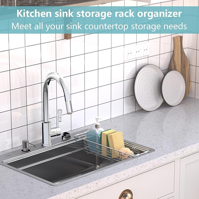 Sink Caddy Sponge Holder Kitchen Sink Organizer, Telescopic sink organizer rack for kitchen Expandable 13.4" to 17.1", Stainless Steel